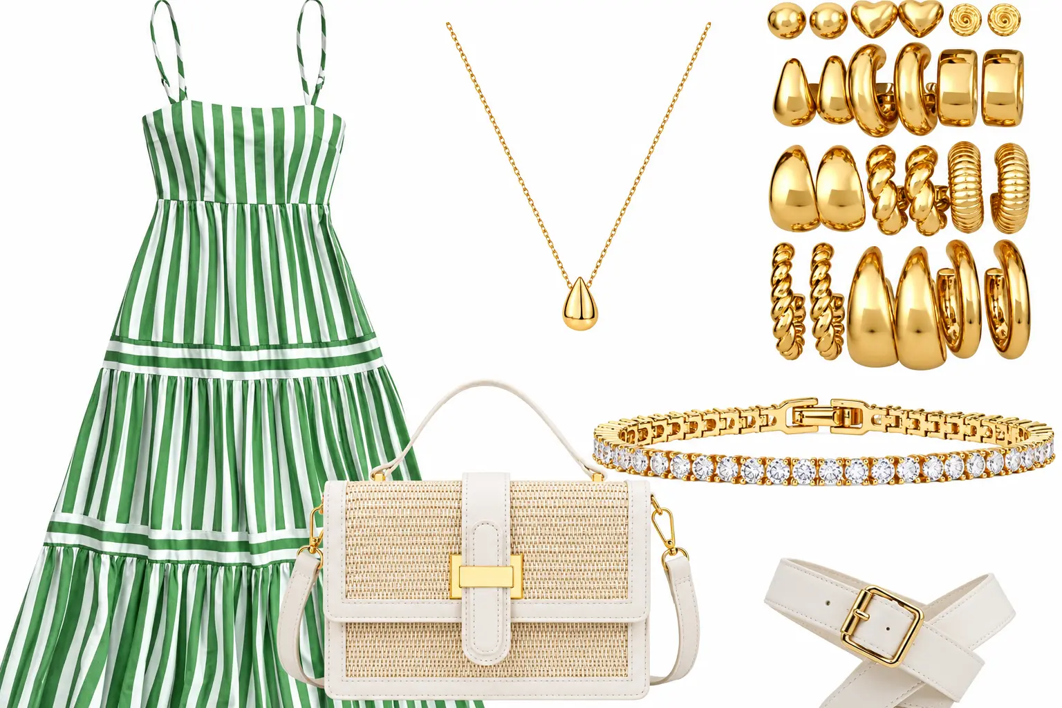 2026 Spring Fashion Trend: Green and White Stripe Dress with Gold Accessories & White Platform Sandals